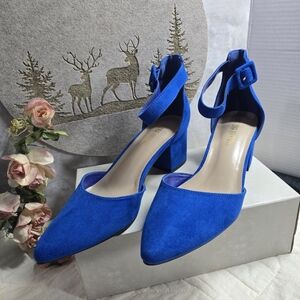 Dream Pairs Annee Royal Blue Faux Suede Block Heels with Ankle Strap SZ 11